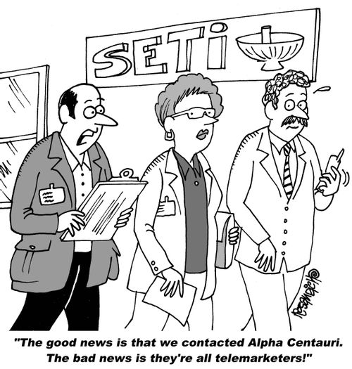 "The good news is that we contacted Alpha Centauri. The bad news is they're all telemarketers!"