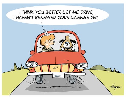 "I think you better let me drive, I haven't renewed your license yet."