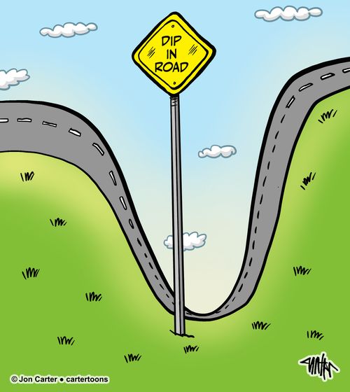 Dip In Road sign down in a deep dip.