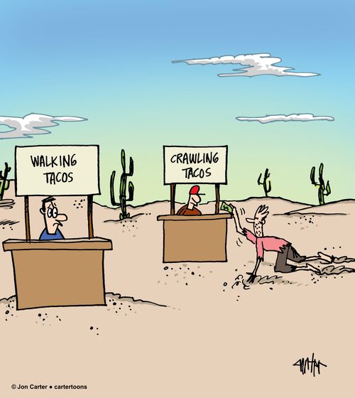 A taco stand offers 'crawling tacos' to desert crawler man.