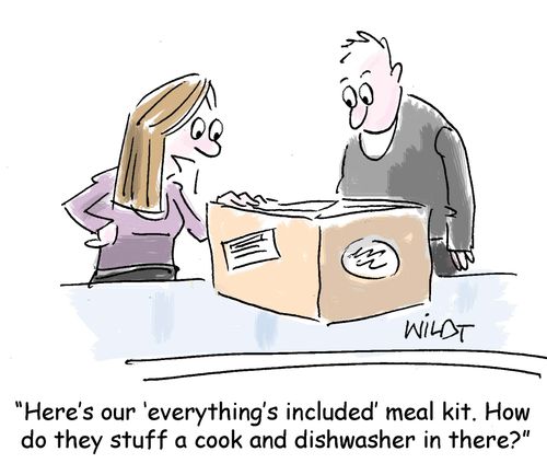 "Here's our everything's included meal kit. How do they stuff a cook and dishwasher in there?"