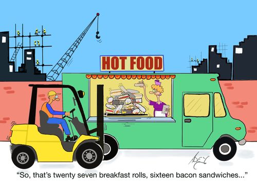 "So, that's twenty seven breakfast rolls, sixteen bacon sandwiches. . ."