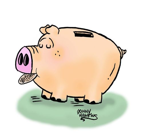Piggy Bank has Bitcoin in mouth