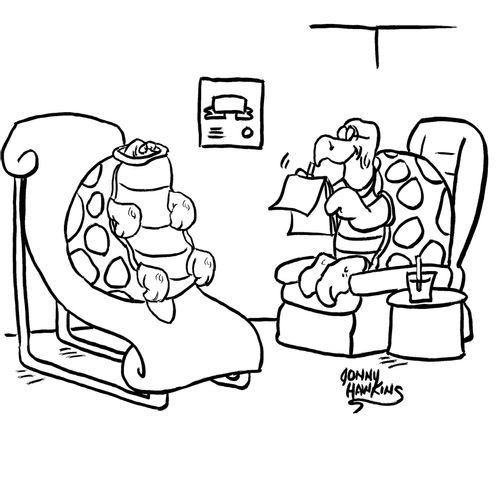 Psychoanalyst turtle trying to help turtle patient come out of shell
