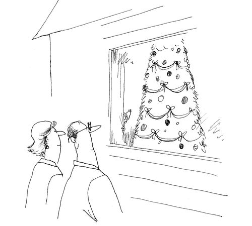 Neighbors staring in a window at a christmas tree