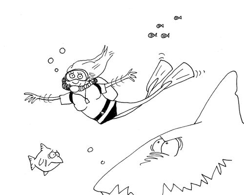 Woman scuba diving with a shark