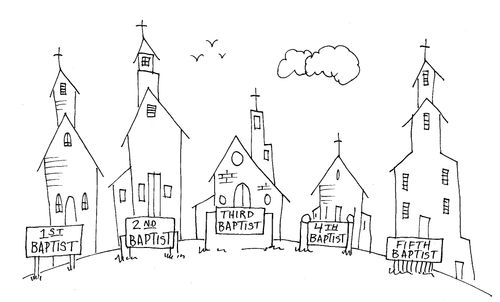 The 1st, 2nd, 3rd, 4th, and 5th baptist church buildings in a row