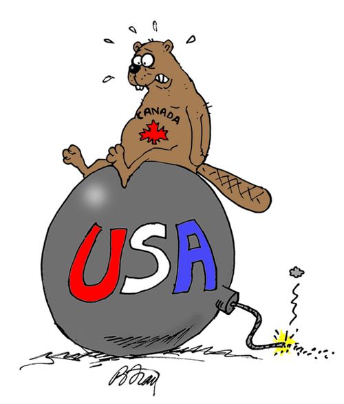 Canadian beaver nervously sitting atop a bomb, USA, which is about to explode