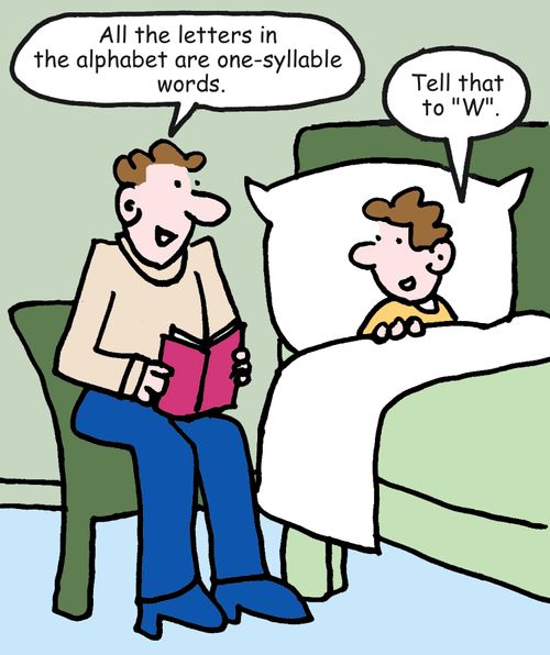 "All the letters in the alphabet are one-syllable words. Tell that to "W"."