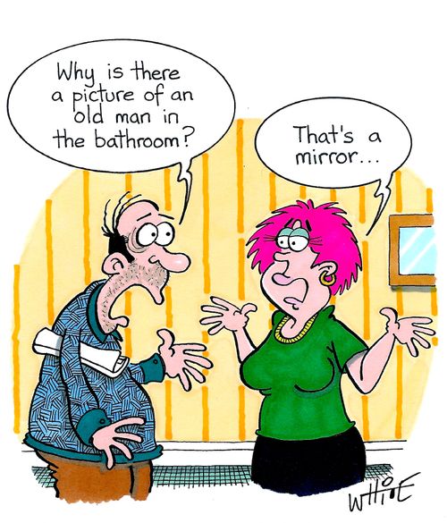 "Why is there a picture of an old man in the bathroom?"