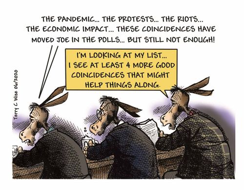 "The pandemic. . . the protests. . . the riots. . . the economic impact. . . these coincidences have moved Joe in the polls. . . but still not enough!"