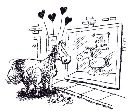 Horse falls in love with a toy horse.