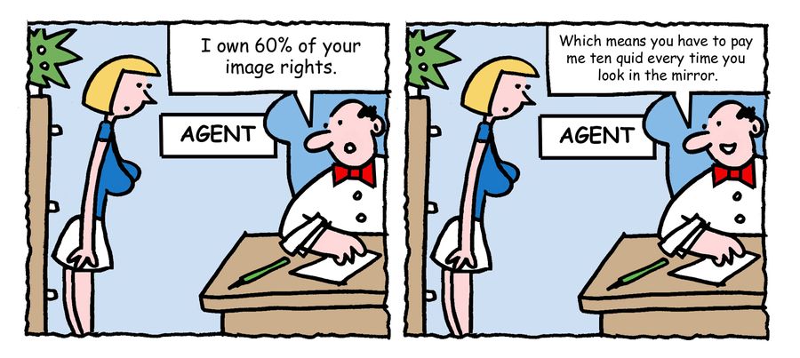 "I own 60% of your image rights. Which means you have to pay me ten quid every time you look in the mirror."