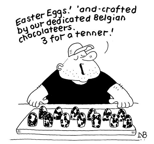 "Easter eggs! 'and-crafted by our dedicated Belgian chocolateers."