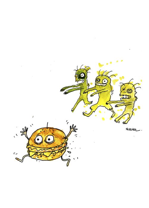 Zombies chase a hamburger