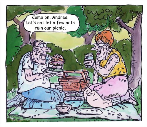 "Come on, Andrea. Let's not let a few ants ruin our picnic,