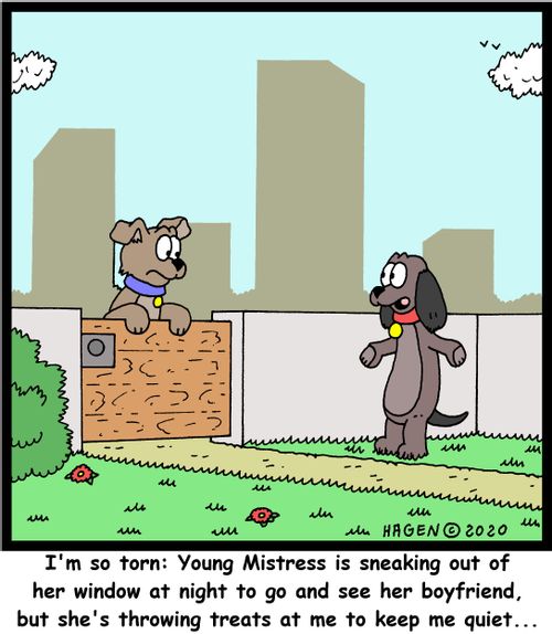 "I'm so torn: Young Mistress is sneaking out of her window at night to go and see her boyfriend, but she's throwing treats at me to keep me quiet..."