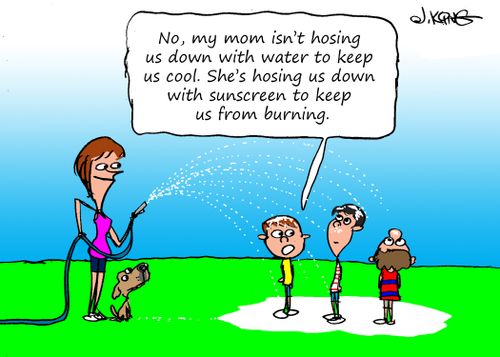 "No, my mom isn't hosing us down with water to keep us cool. She's hosing us down with sunscreen to keep us from burning."