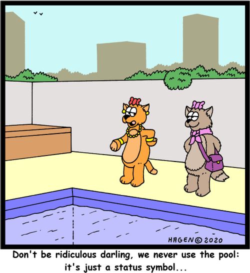 "Don't be ridiculous darling, we never use the pool: it's just a status symbol..."