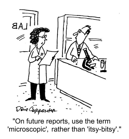 "On future reports, use the term ' microscopic', rather than 'itsy-bitsy'."