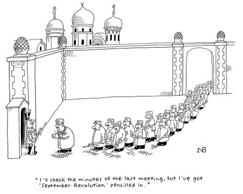 "I'll check the minutes of the last meeting, but I've got 'September Revolution' pencilled in."
