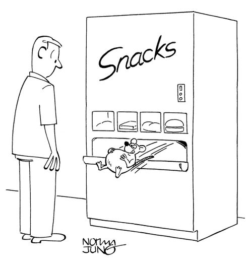 Man sees stuffed mouse come out of snack machine dispenser.
