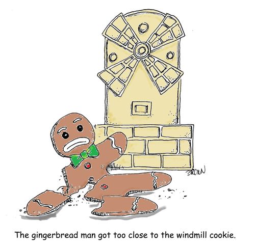 The gingerbread man got too close to the windmill cookie. 