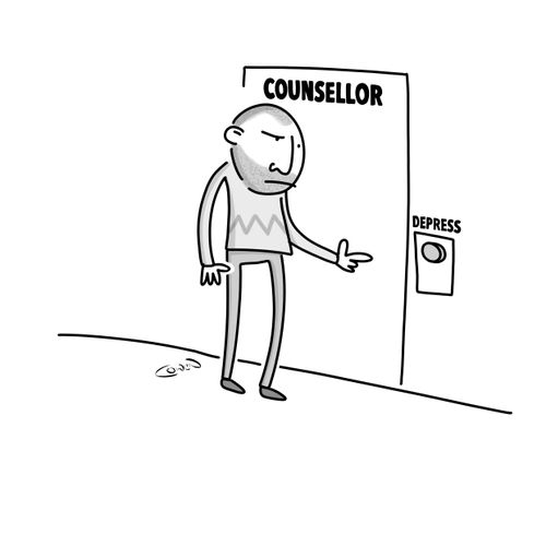 Man about to enter a therapy session, with the doorbell showing a 'depress' sign.