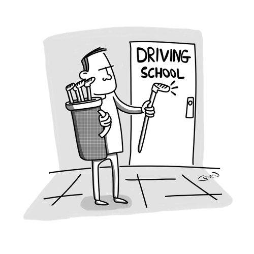 A golfer knocking on a door marked 'Driving School' with a golf club. 