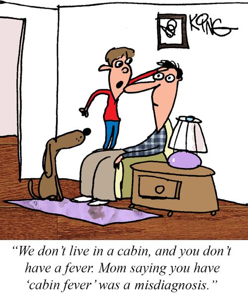 "We don't live in a cabin, and you don't have a fever. Mom saying you have 'cabin fever' was a misdiagnosis."