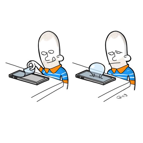 A man trying to place a screen protector onto a mobile phone, with a resulting bubble.
