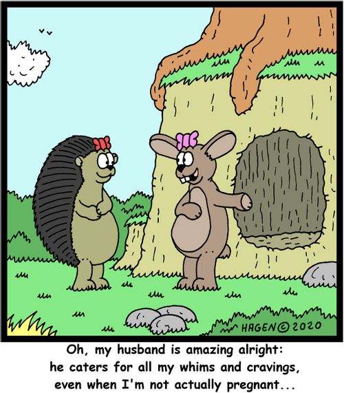 "Oh, my husband is amazing alright: he caters for all my whims and cravings, even when I'm not actually pregnant..."
