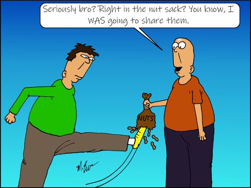 "Seriously bro? Right in the nut sack? You know, I was going to share them."