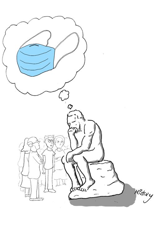 Rodin's The Thinker is surrounded by people and is thinking about wearing a mask.