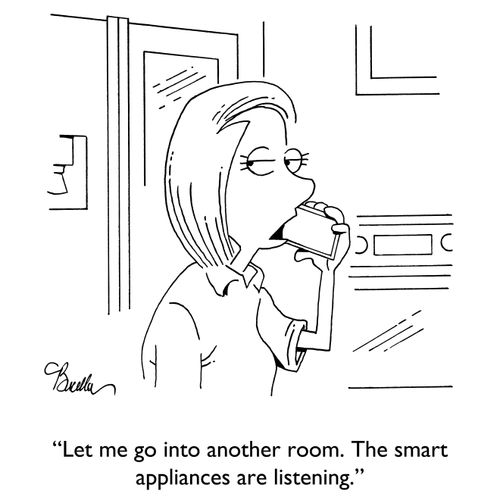 "Let me go into another room. The smart appliances are listening."