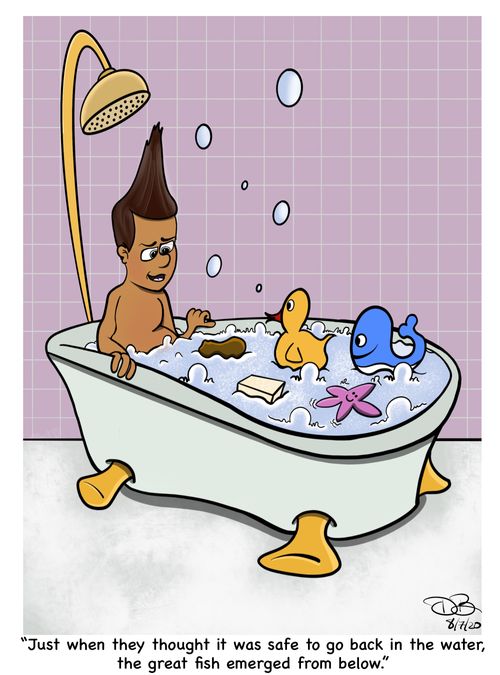 "Just when they thought it was safe to go back in the water, the great fish emerged from below."