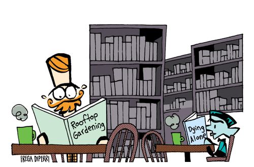 Two men read books titled 'Rooftop Gardening' and 'Dying Alone'.