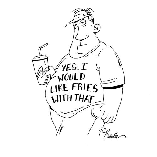 Man wearing t-shirt saying 'Yes, I would like fries with that'.