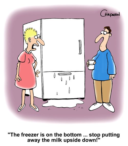 "The freezer is on the bottom ... stop putting away the milk upside down!"