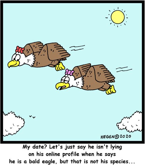 "My date? Let's just say he isn't lying on his online profile when he says he is a bald eagle, but that is not his species..."