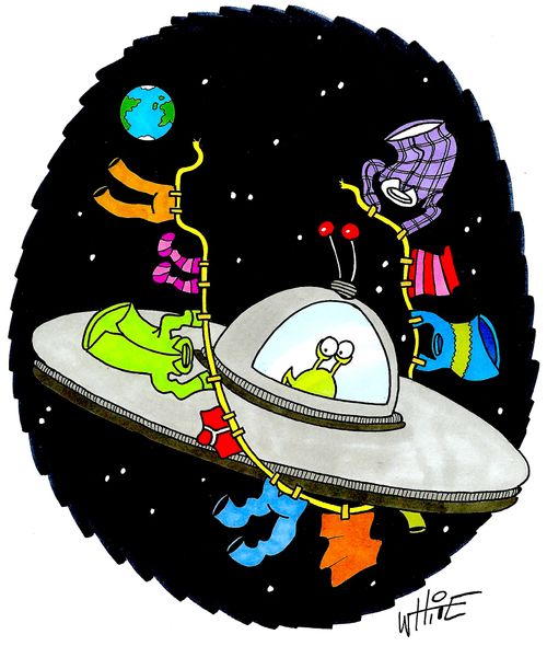 Alien catches clothesline on trip to Earth.
