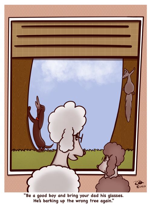 "Be a good boy and bring your dad his glasses. He's barking up the wrong tree again."