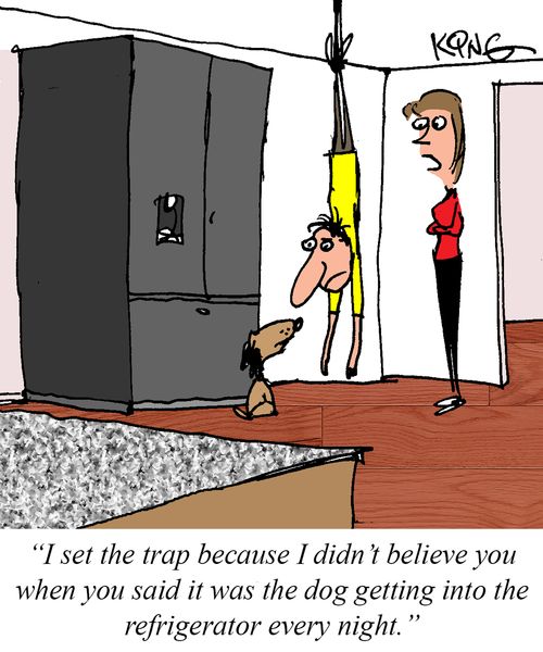 "I set a trap because I didn't believe you when you said it was the dog getting into the refrigerator every night."