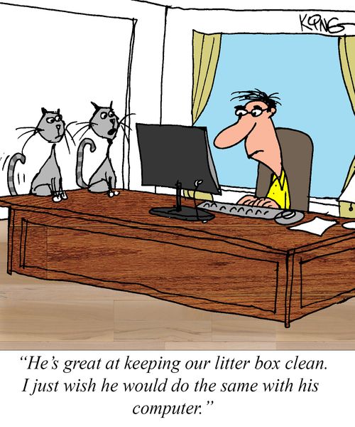 "He's great at keeping our litter box clean. I just wish he would do the same with his computer."