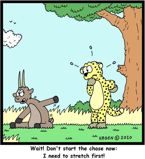 "Wait! Don't start the chase now: I need to stretch first!: