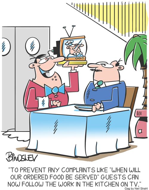 "To prevent any complaints like "when will our ordered food be served" guests can now follow the work in the kitchen on TV."