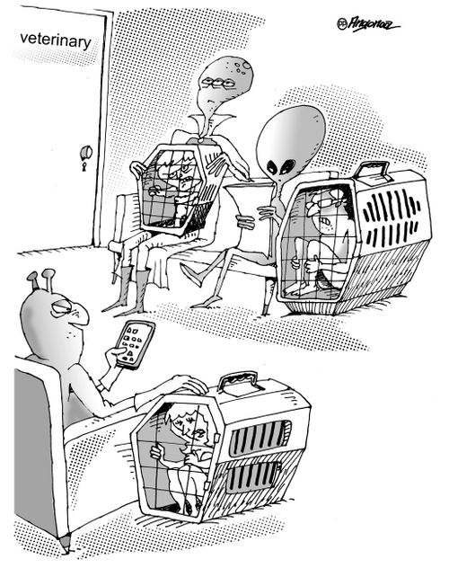Aliens bring their pet humans to the veterinary