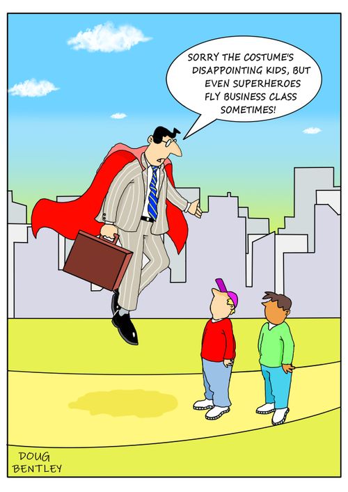 "Sorry the costume's disappointing kids, but even superheroes fly business class sometimes!"