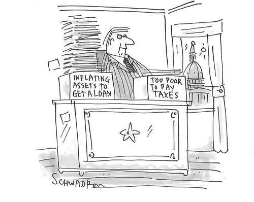 Inflating assets to get a loan. Too poor to pay taxes