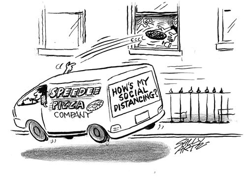 A pizza delivery driver throws a pizza delivery.